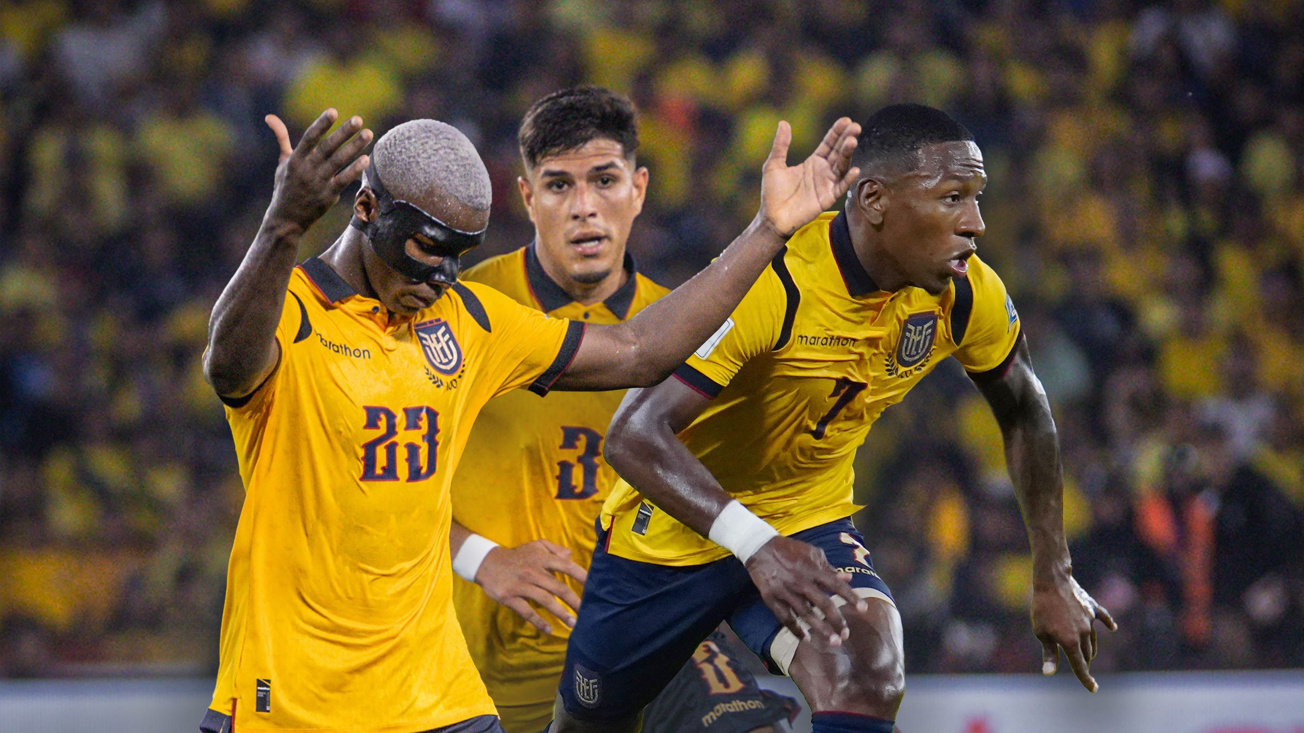 Moisés Caicedo (i), Piero Hincapié y Pervis Estupiñán, de la selección de fútbol de Ecuador